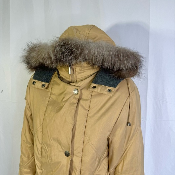 FEMINELLA BROWN PARKA COAT LONG WINTER TAN COAT FUR TRIM ON HOODIE SIZE SMALL - Picture 8 of 13